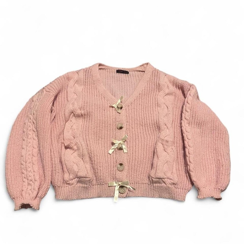 Romwe pink cable knit cardigan with bows and buttons, size L Dollycore
